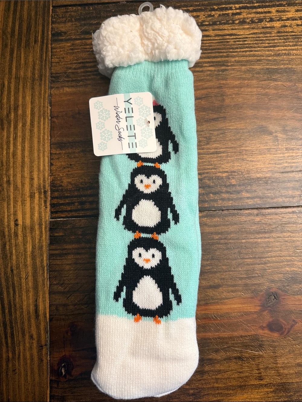 Yelete Mint Color Kids Penguin Fuzzy Cuffed Winter Socks (OS)